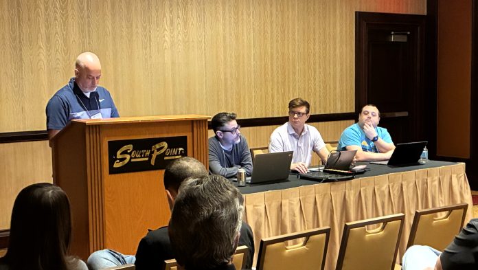 IMG_0949 APSE President Paul Barrett, first vice president Perryn Keys, second vice president Erik Hall, and third vice president Tony Maluso at the the Associated Press Sports Editors Winter Conference and Judging closing meeting at the South Point Hotel & Casino in Las Vegas, Thursday, Feb. 26, 2026. (Photo by Jim Pignatiello)