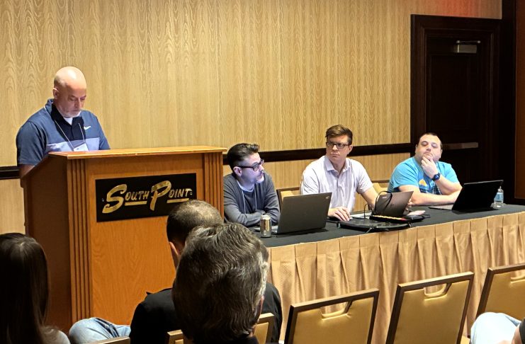 2026 APSE Winter Conference closing minutes APSE President Paul Barrett, first vice president Perryn Keys, second vice president Erik Hall, and third vice president Tony Maluso at the the Associated Press Sports Editors Winter Conference and Judging closing meeting at the South Point Hotel & Casino in Las Vegas, Thursday, Feb. 26, 2026. (Photo by Jim Pignatiello)