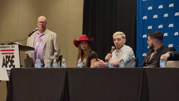 Former APSE president Tommy Deas moderates a panel entitled “Sports Entertainment, and how we cover it" at the Associated Press Sports Editors Summer Conference with PBR’s Moria Novakoski and UFC middleweight fighter Kyle Daukaus, and WWE wrestler Ethan Page on Thursday, July 16, 2026, in Arlington, Virginia.