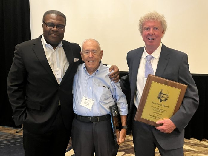 Dan Shaughnessy (right) received the Red Smith Award at the 2026 Associated Press Sports Editors Summer Conference in Arlington, Virginia, on Friday, July 17, 2026. He is pictured with former Red Smith Award winners Leon Carter (left, 2022 recipient) and George Solomon (center, 2003 recipient). (Photo by Erik Hall)