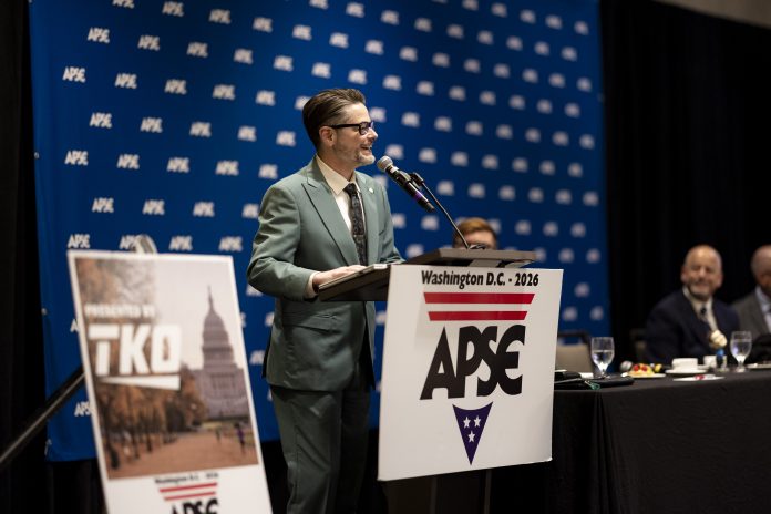 Buffalo News sports editor Perryn Keys takes office as president of the Associated Press Sports Editors during the Summer Conference Awards Banquet at the Crystal Gateway Marriot in Arlington, Virginia, on Saturday, July 18, 2026. (Photo by Austin DeSisto)